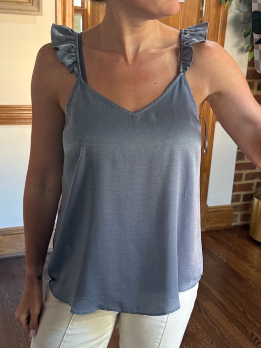 NWT - LC Lauren Conrad Slate Blue Satin Ruffle Strap Camisole - Size M